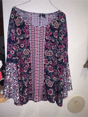 new directions Black Floral Mixed-Print Bell Sleeve Blouse with Pink Accents